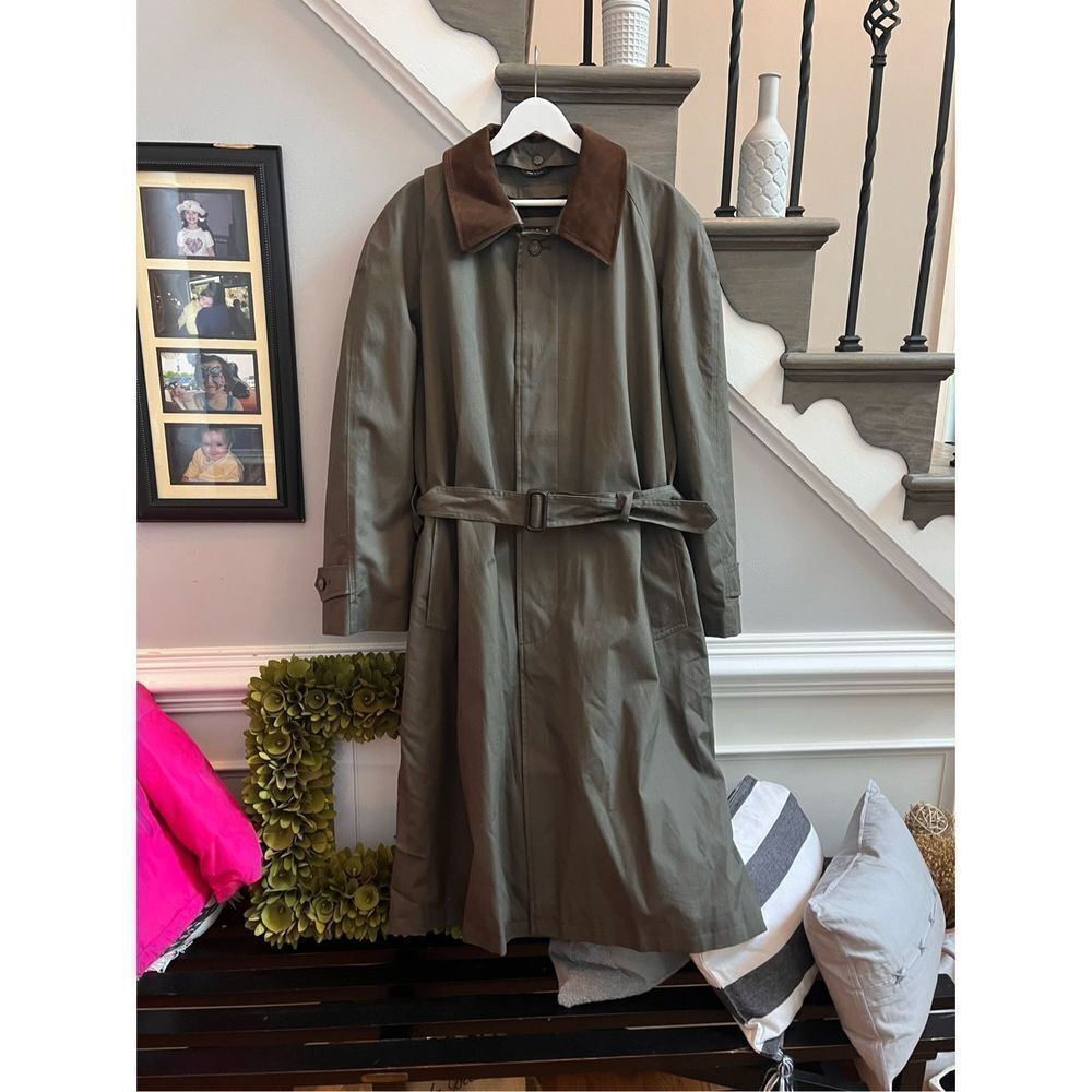Jos. A. Bank Gray Brown Leather Collar Classic Belted Trench Coat sz 42R EUC